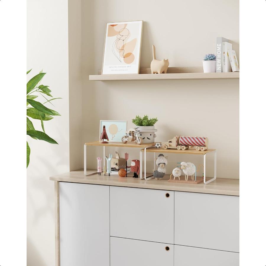 Bamboo Cabinet Organizer Shelf NiceLooking Set of 2 Kitchen Counter Shelves Kitchen Storage Spice Rack Stackable Expandable Nat