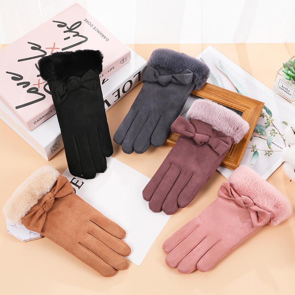 Women's Suede Velvet Bowknot Touchscreen Gloves - Warm & Cozy for Autumn/Winter