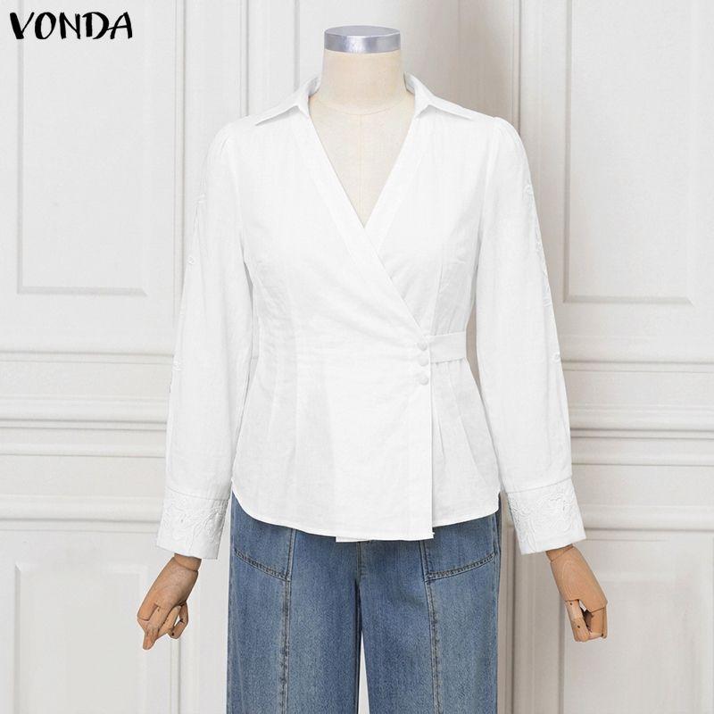 VONDA Women Casual Turn Down V Collar Long Sleeve Wrap Belt Lace Crochet Loose Blouse Shirts