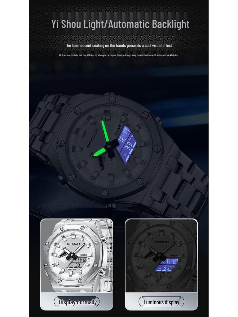 Sanda Octagonal Steel Band Multifunctional LED Light Watch for Men - TikTok Trendy Heartbeat Monitor Watch