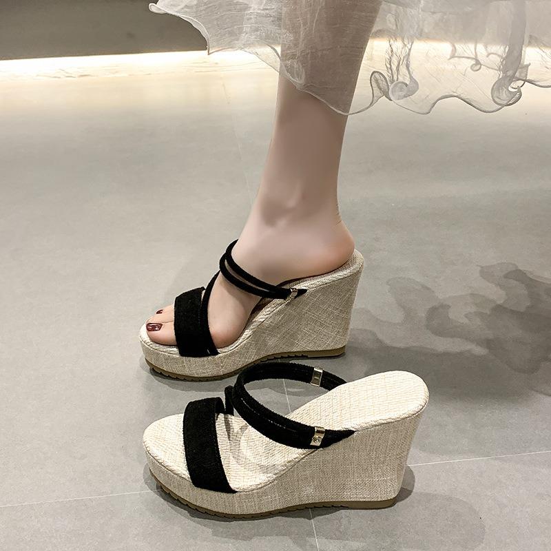 Wedge heel slippers summer foreign trade large size two wear sandals women's muffin thick-soled thin strap open-toed Roman shoes