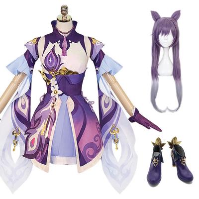 Hra KeQing Cosplay Kostýmy Halloween Kostým pro ženy Vestido Cosplay Anime postava Šaty Šaty Paruka