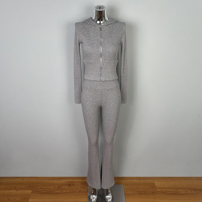 

Korean Dongdaemun Stylish Sexy Hooded Jacket & Micro-Flare Pants Set for Women One Size