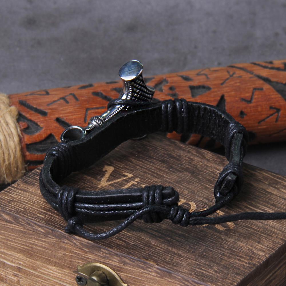 Pulsera Vikinga Hecha a Mano para Hombre Martillo de Thor Envolvente Cuero Accesorio Pirata Caja de Regalo para Hombre
