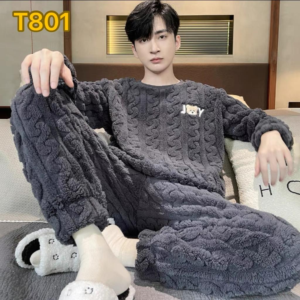 Men's pajamas coral fleece autumn and winter warm home leisure suits can be worn outside plush loungewear men's