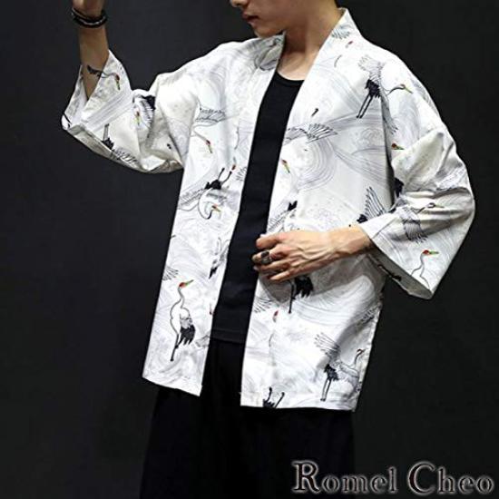 RomelCheo Crane Pattern Haori Loose Japanese Cool Jacket for Summer and Fashionable for Men and Harajuku Street RomelCheo Cardigan, Fit, 3/4 Sleeves,