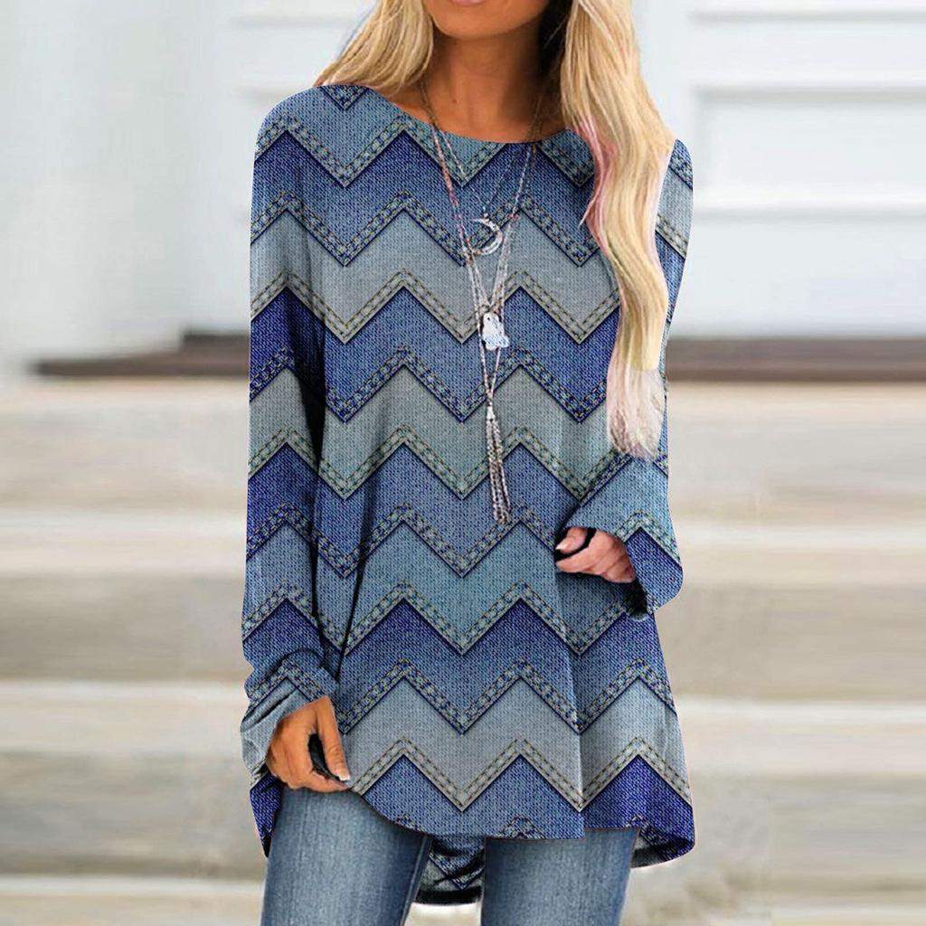 Women's Fashion Casual Irregular Patchwork Color Print Loose Medium Long Long Sleeve Top