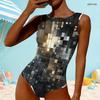 Women Plus Size High Round Neck Sleeveless One Piece Swimsuit Black White Grey Geometric Printed