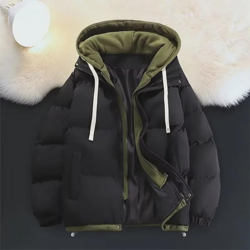 "2024 Unisexová zimní bavlněná bunda s kapucí - Nový pár & studentský styl, design falešného dvoudílného vzhledu"