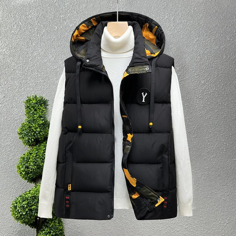

Down cotton vest men s casual autumn and winter thickened warm outer vest blue hooded vest jacket tide L (90-55 kg) чорний