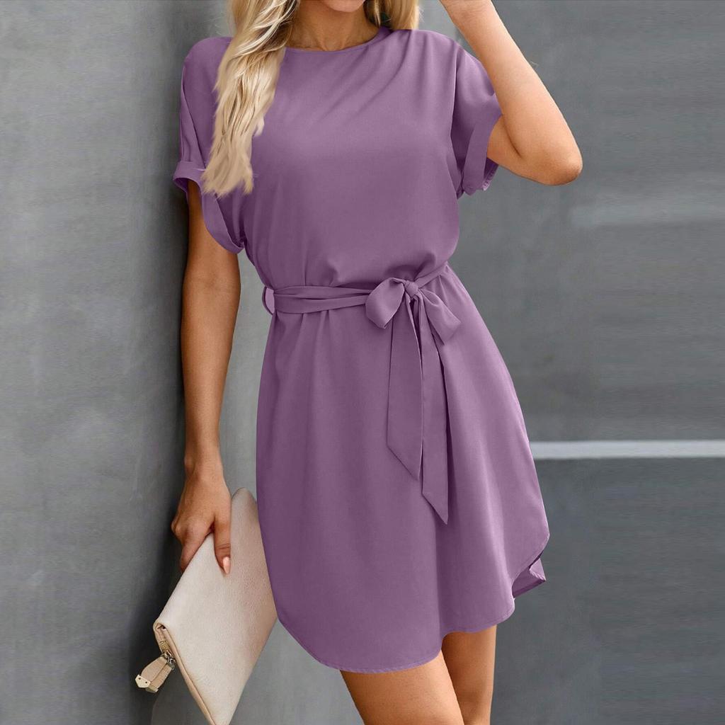 Womens Summer Short Dresses O Neck Casual Batwing-Short Sleeve Belted Dress For Women