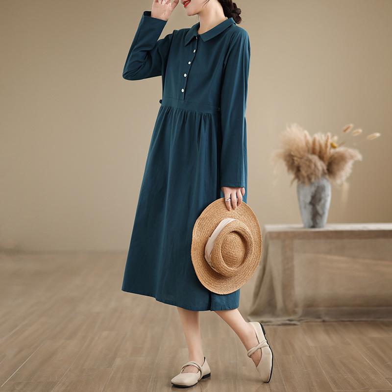 2025 new 6-color 4-size linen dress women's pullover long-sleeved medium and long solid color cotton and linen dress
