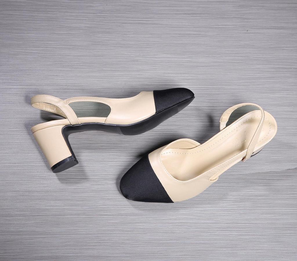 In Stock French Coco Style Soft Leather Color Block Low Cut Sandals - Women's Spring Mid and Thick Flat Heels