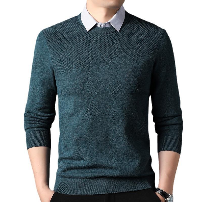 

Осень и зима, новый поддельный свитер из двух частей, мужская однотонная футболка с длинными рукавами, мужская одежда среднего возраста, деловая повседневная одежда для пап 125