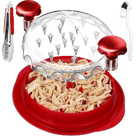 Chicken Shredder 10.8  Transparent Lid Chicken Breast Shredder Tool Twist Chicken meat Shredder Machine with 9  Food Tong and Brush Non-Skid красный