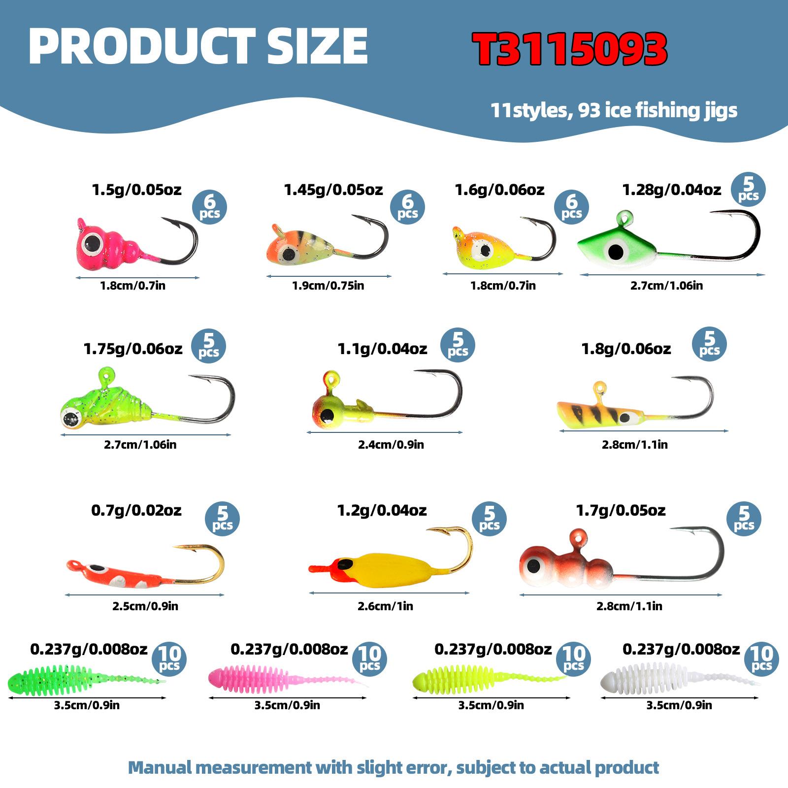 

93pcs Ice Fishing Jigs Kit Includes Jig Hds Hook and Soft Lures for Bass Trout Walleye