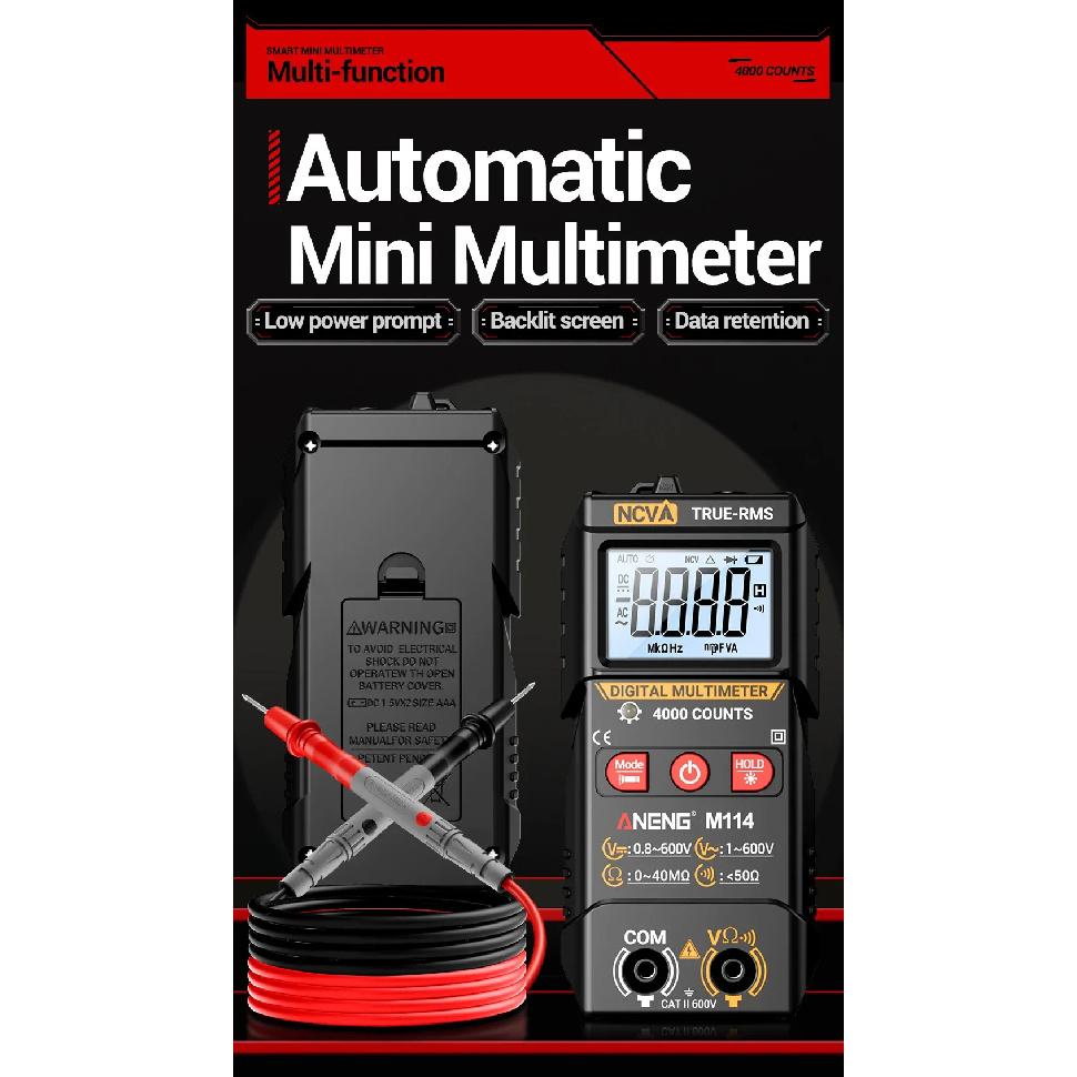 ANENG M114 Smart Multimeter 600V AC/DC Voltmeter 4000 Counts NCV Resistance Tester with Buzzer Data Hold Auto Shutdown