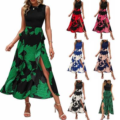Kadınlar Casual Kolsuz Elbiseler Bisiklet Yaka Patchwork Boho Çiçek Fırfır Kokteyl Parti Midi Elbise