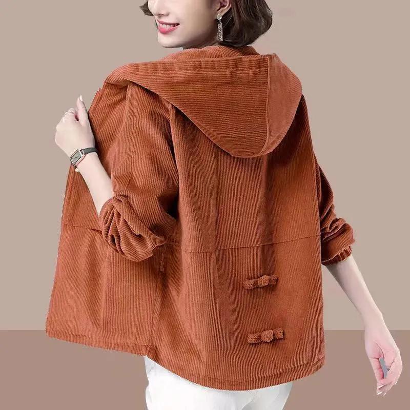 Corduroy Women's Short Jacket Korean Version Loose Spring and Autumn Versatile Style Plus Size Slimming Jacket Casual Hoodie for Women