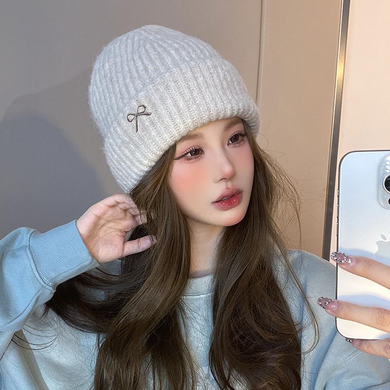 Korean Sweet Bow Hat for Women  Autumn and Winter Woolen Hat Large Head Circumference Versatile Warm Ear Protecting  Face Showing Small Knitted Hat
