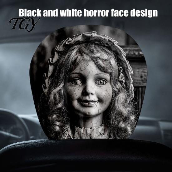 Funny Prank Car Accessories 2Pcs Ghost Face Headrest Covers, Halloween Horror Seat Decorations, Holiday Atmosphere Decor Universal Fit