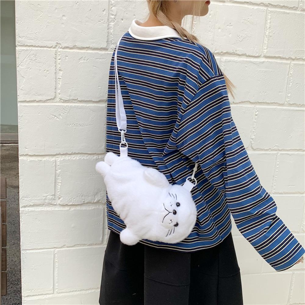 Soft Fluffy Cute Seal Shoulder Bag Cartoon Adjustable Straps Phone Bag Lightweight Fabric Crossbody Bag Women's Accessories