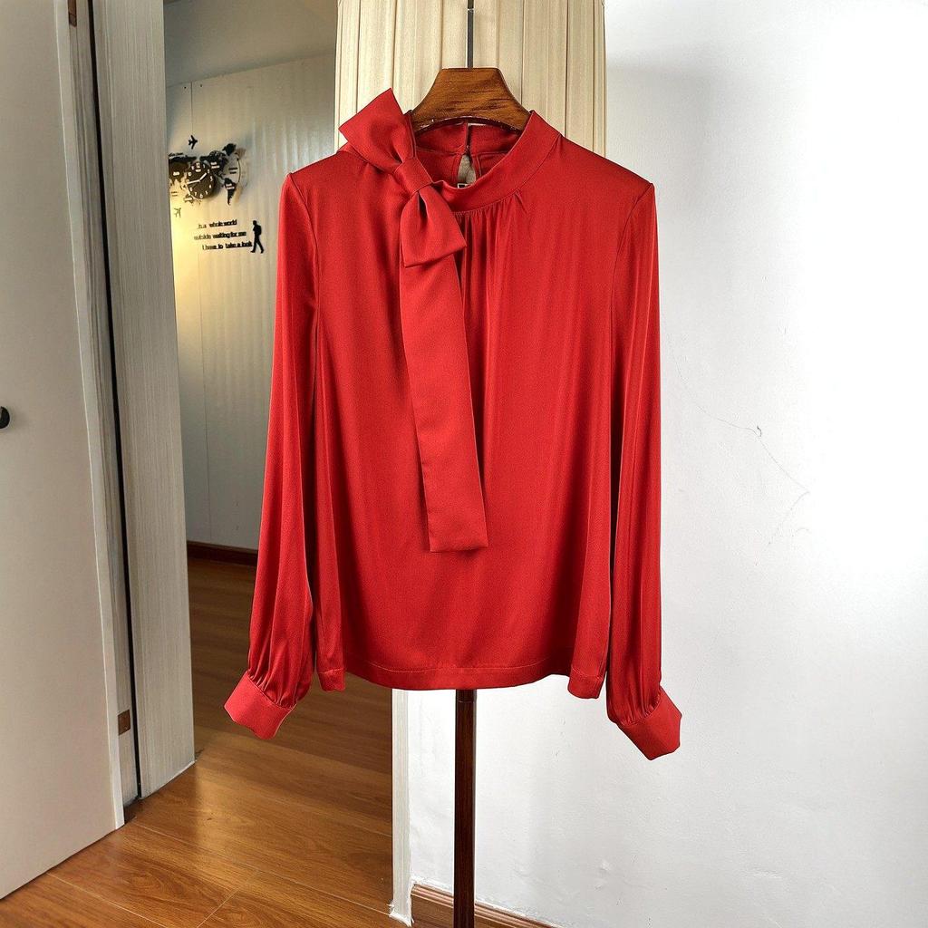 Women's Elegant Stand Collar Silk Bow Blouse, Long Sleeve, Mulberry Silk Ribbon, Commuting Style