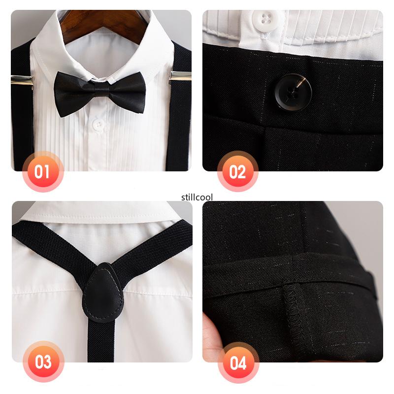 School Boys Suspender Trousers Formal Suit Shirt Bow Tie Kids Wedding Ring Bearer Piano Recital Birthday Photoshoot Gentleman Outfit for Boys 3-12Y