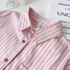 Damen Rosa Nadelstreifen Besticktes Polokragen Langarmhemd - Koreanisches Frühlingsdesign