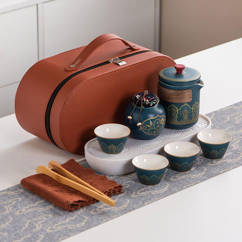 Ancient Charm Ceramic Travel Tea Set: Quick-Brew Pot with Three Cups for Outdoor Use - Customizable Logo Gift