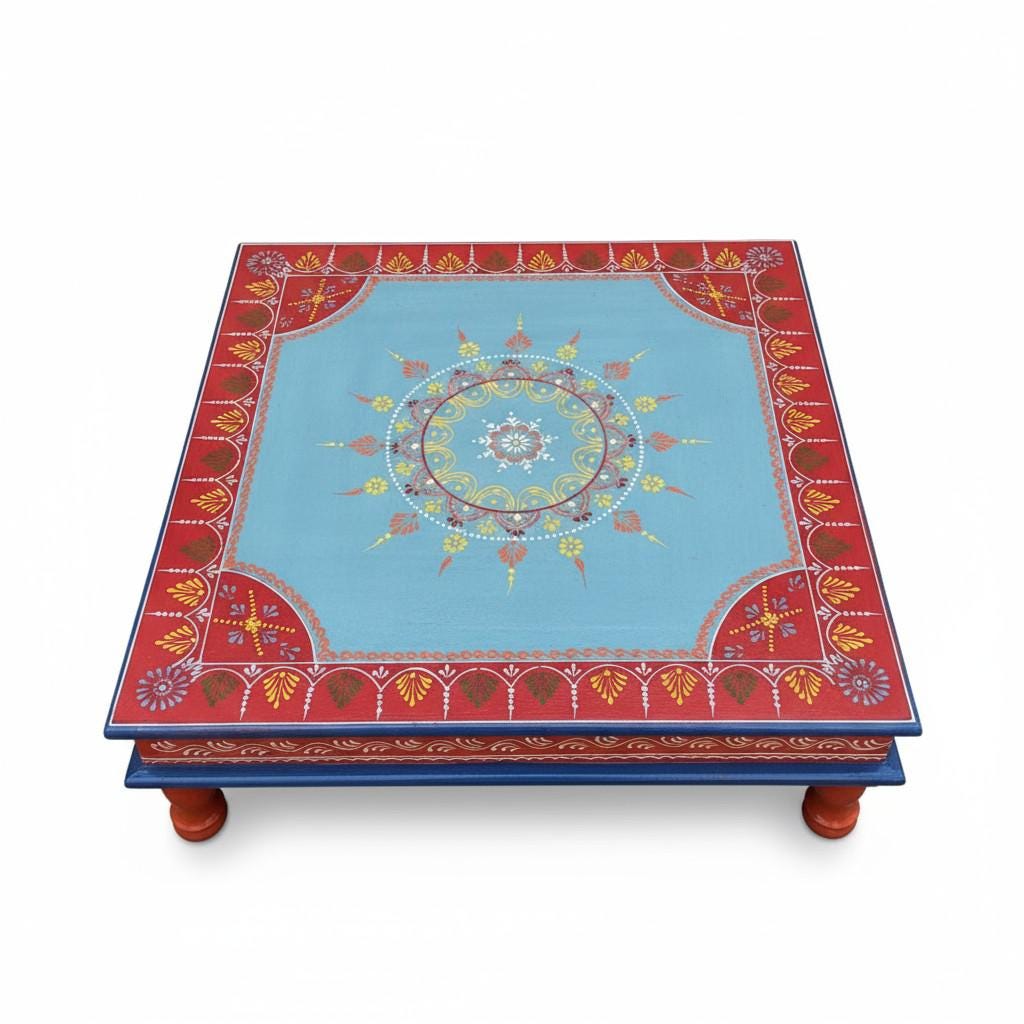 Wooden Chowki | Traditional Indian Bajot Table | Pooja Chowki for Home Decor & Festivals | Colorful God Stand Design, Hand Painted Mandap