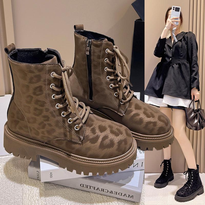 Dicke Sohle Martin Stiefel Damen Herbst und Winter neue Leopardenmuster Lokomotivstiefel Samt Stiefeletten Retro Slim Damenstiefel