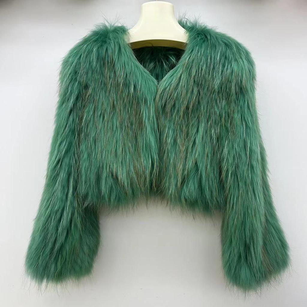 Real Raccoon Fur Braided Jacket Short Length 40cm Double-sided Encryption Slim Young Winter Tops Women's Coat