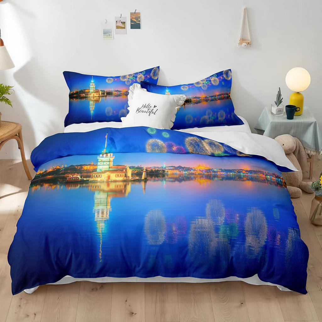 Blue Fireworks Duvet Cover Set 3D Romantic Theme Beautiful City Night New Year Festival Accessories for Kids Teens Bedroom Decor