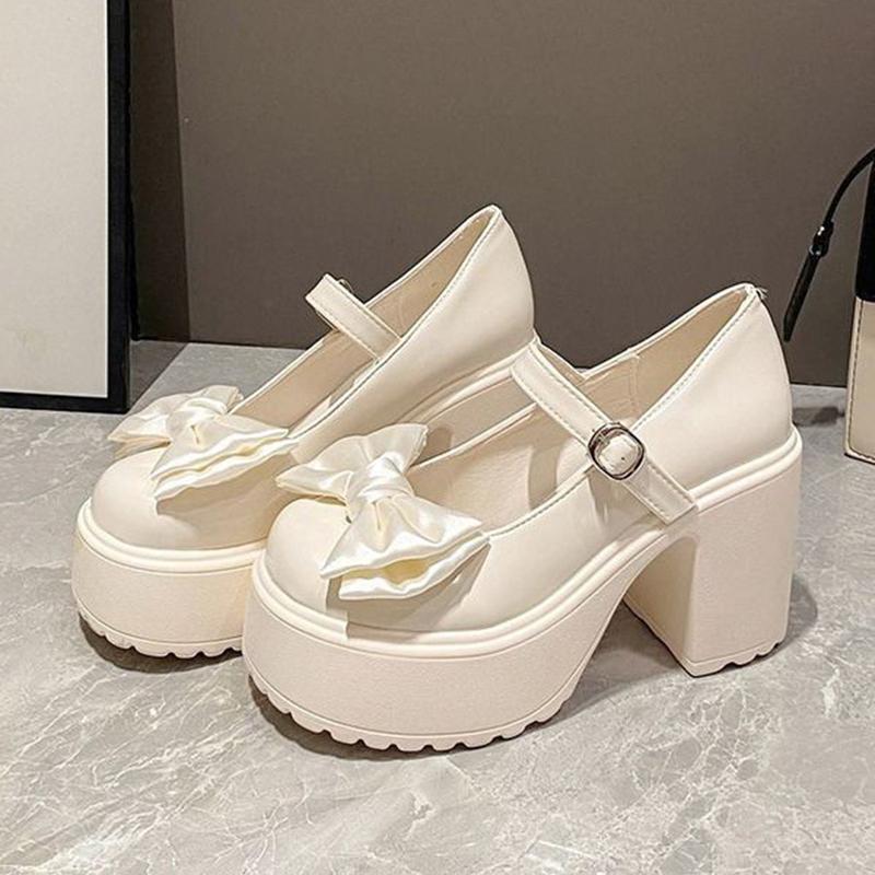 White Round Toe Platform High Heels Women Mary Jane Shoes Retro Bows Elegant Pumps Chunky Heel Spring Women's Wedding Shoes