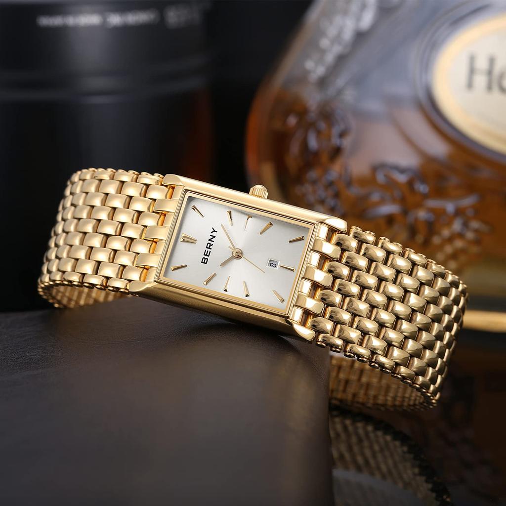 BERNY Armbanduhr, goldene Armbanduhr für Herren, japanisches Quarzwerk mit Kalenderfenster, wasserdichte Uhr, luxuriös, lässig, modisch, für Herren