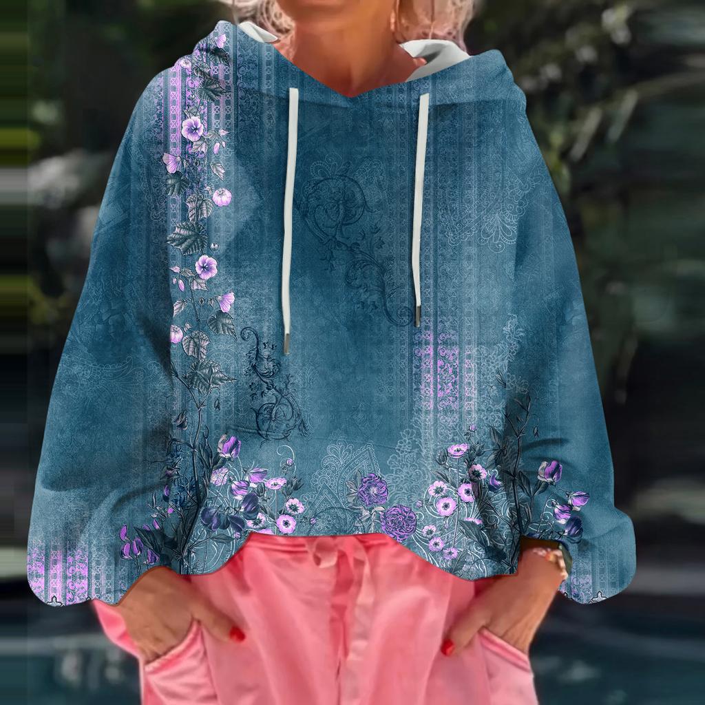 Women's Floral Print Loose Casual Long Sleeved Hooded Sweatshirt