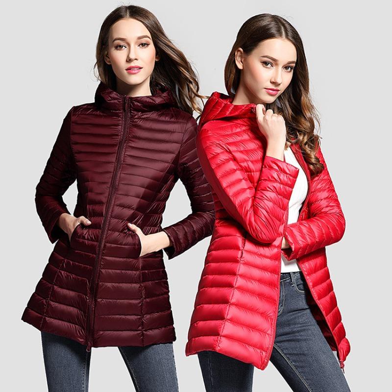 Autumn and winter light down jacket women's hooded medium and long thin slim portable jacket warm winter clothing
