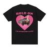 Moo Deng Hold On Im Overstimulated Pink Heart Baby Hippo Funny Meme T Shirt Unisex Vintage Harajuku Tshirt