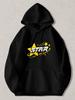 Black Pullover Hoodie with Yellow Star Graphic and STAR Text Casual Long Sleeve Sweatshirt with Kangaroo Pocket for Daily Wear