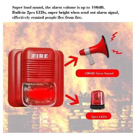 Fire Alarm Warning DC 12V Strobe Siren Horn Sound & Strobe Alert Security System for Home Office Hotel Restaurant