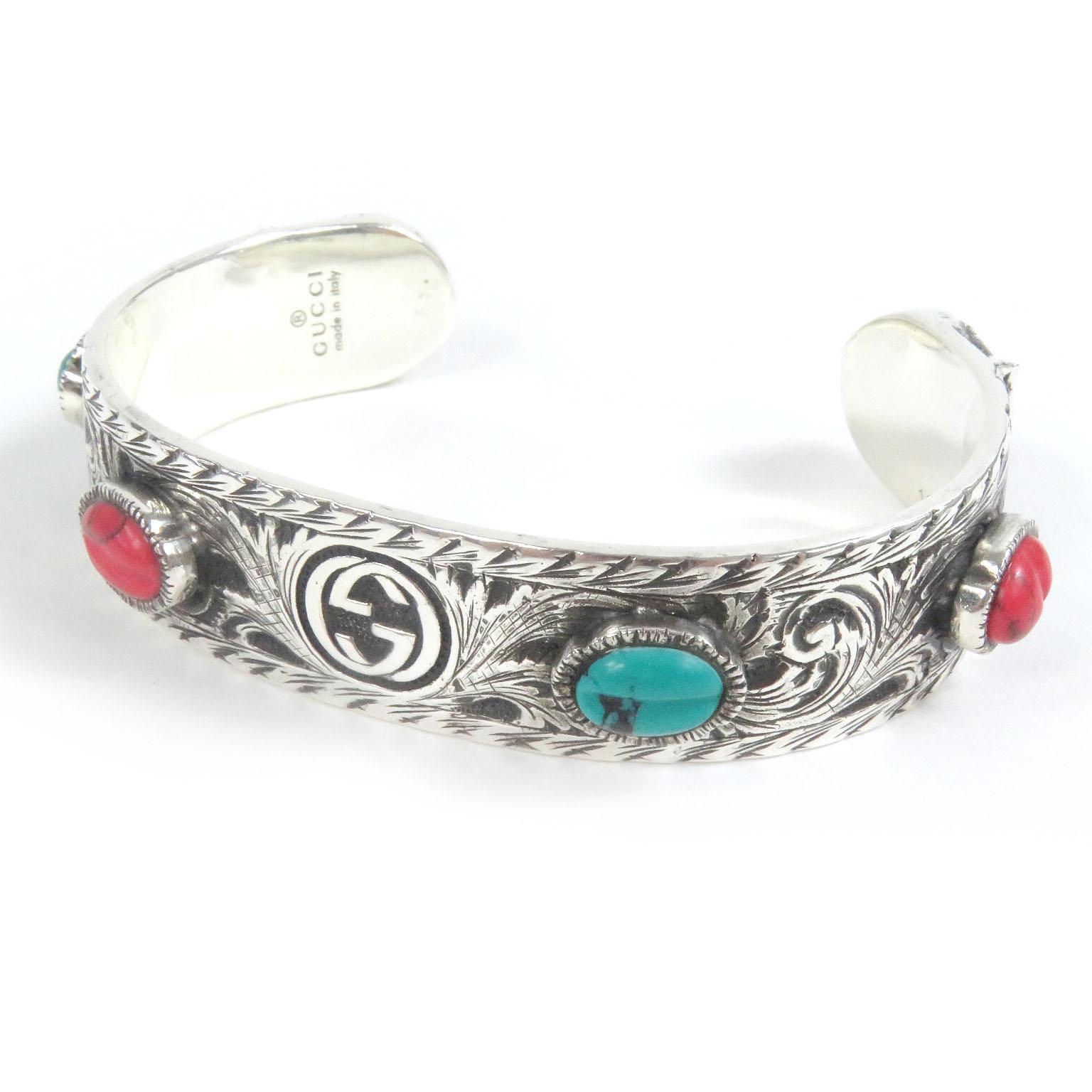 

Great GUCCI Bangle Cat head Double G Le Marche des Merveilles Silver Turquoise Red Used