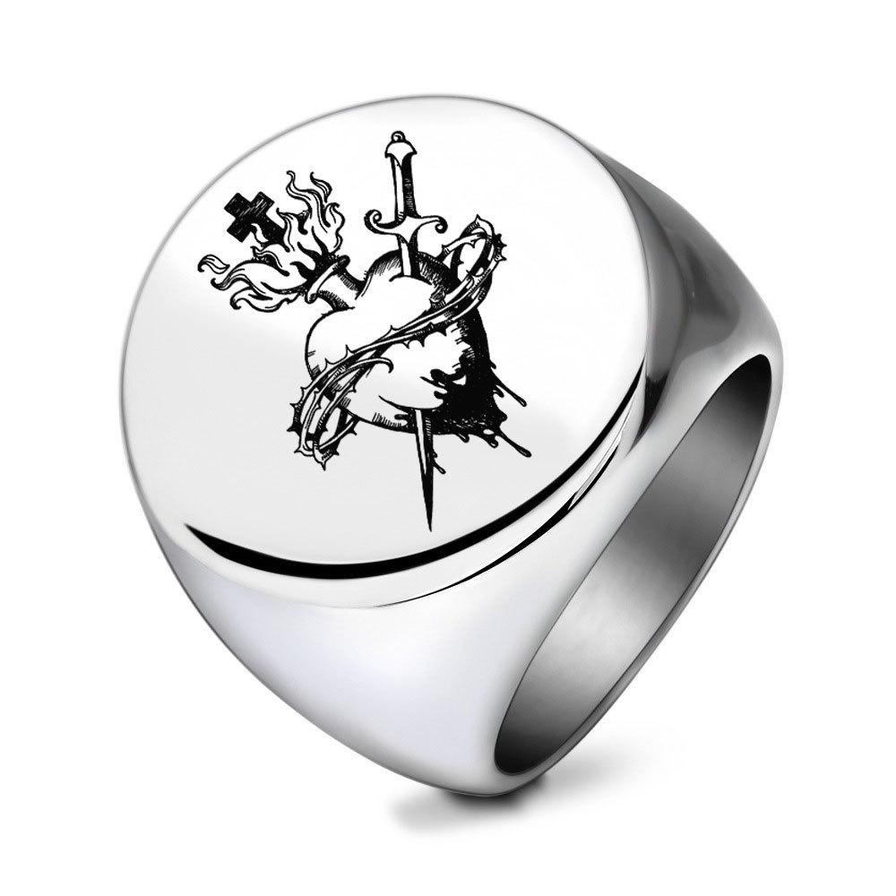 European American Retro Stainless Steel 22MM Round Laser-Engraved Heart Ring for Men Size 13