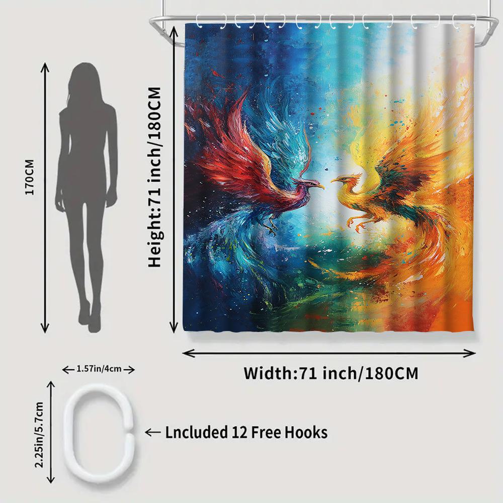 1/4 Phoenix Shower Curtains, Toilet Seat Decoration, Shower Curtain With Carpet And Toilet Lid, 12 70.8X70.8 Inch Hooks