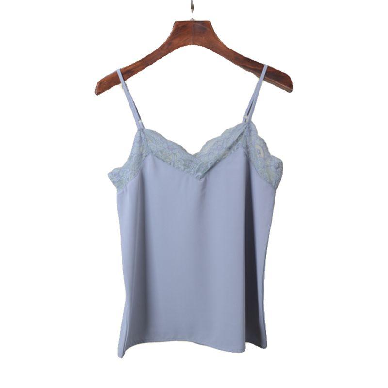 Silky Satin Lace Patchwork Camisole Summer Sexy Inner Wear Pure Color Mint Green V Neck Vest