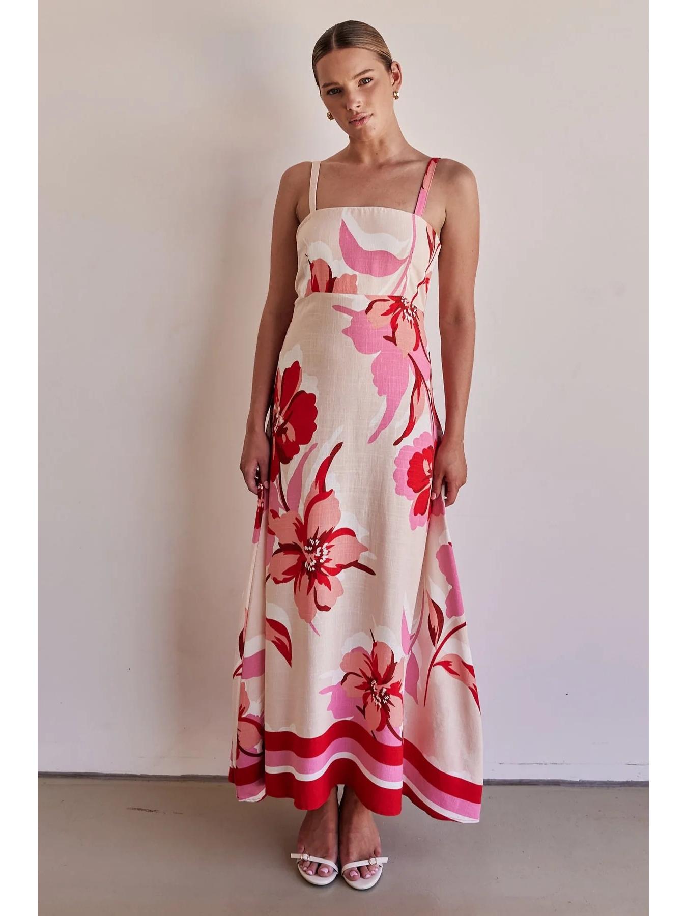 

Платье миди с цветочным принтом на тонких бретелях, приталенное - Европейский и американский праздничный стиль Medium красный