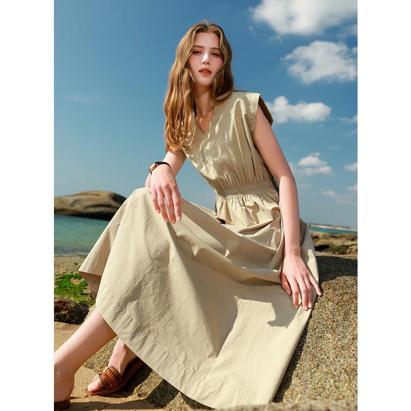 SANCITY Women's 2025 Spring V-Neck Pure Cotton A-Line Maxi Dress