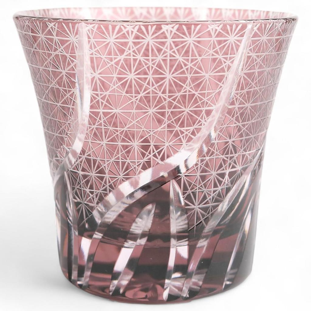 Mizukage Kiriko Glass Ranbori Komon with Bottom Beautiful Workman Current Model J-kitchens Cup, 94xH85mm, 240cc, (Small Pattern) Purple, Engraving,