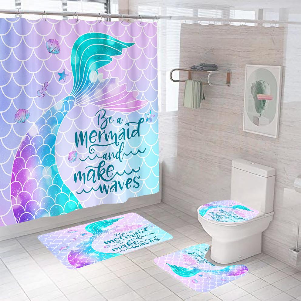 Bathroom Shower Curtain Four-piece Digital Printing Sand Underwater World Waterproof Shower Curtain Shower Curtain Partition Curtain Bath Mat