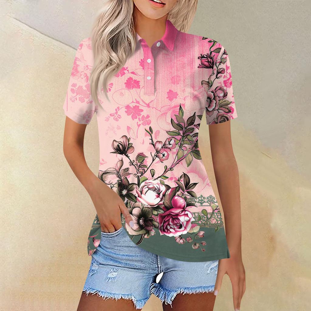 Women's Fashion Casual Lapel Short Sleeve Print Shirt Women's Button Up Tops